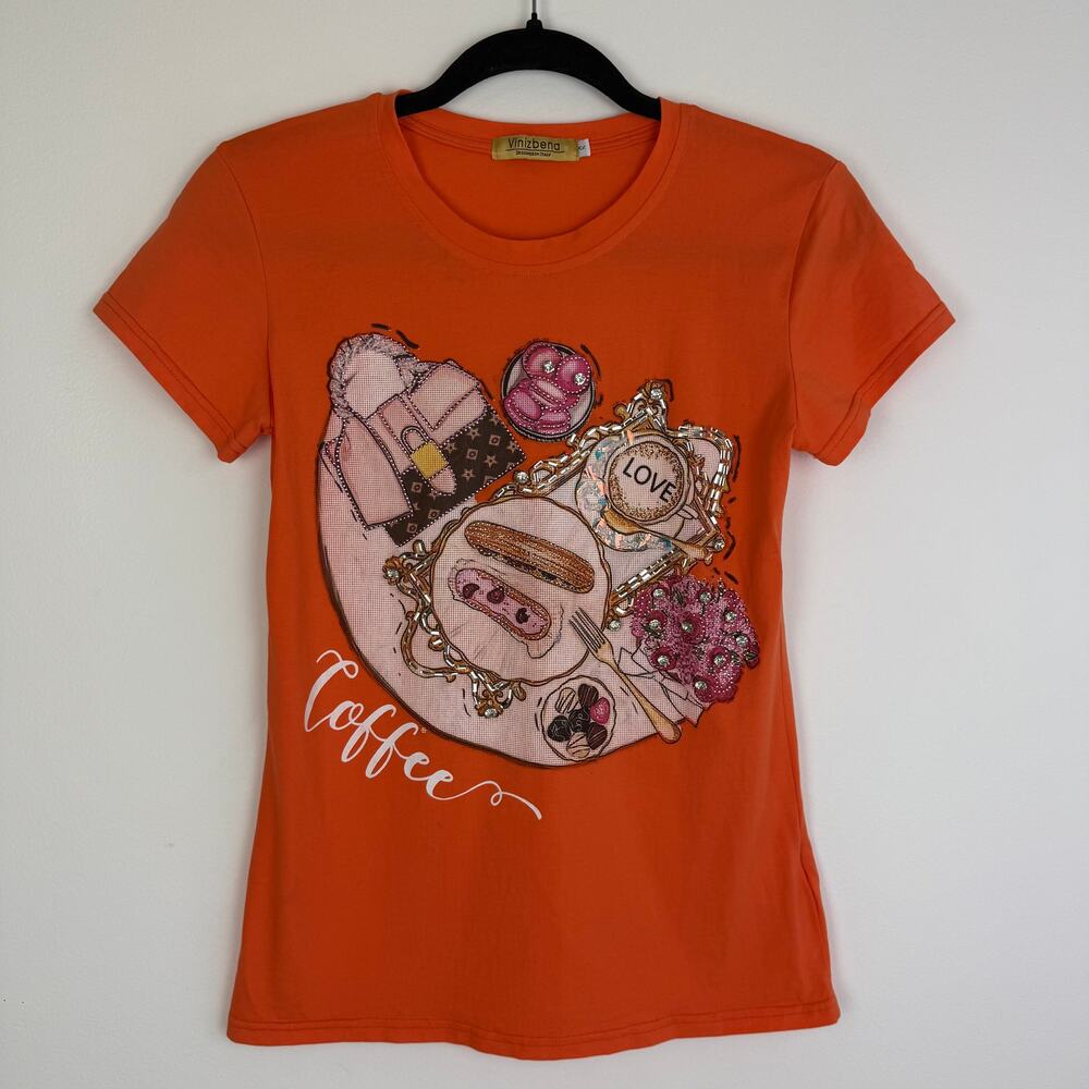 Vinizbena Womens Designed In Italy Coffee Love Rhinestone Orange T-Shirt Small